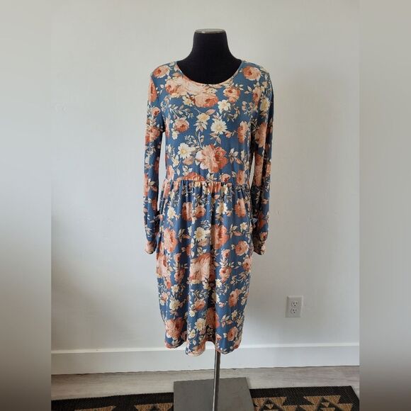 Mimi+Daphne Floral Midi Dress Blue Classic Modest Teacher Pockets Lightweight L - Picture 2 of 10